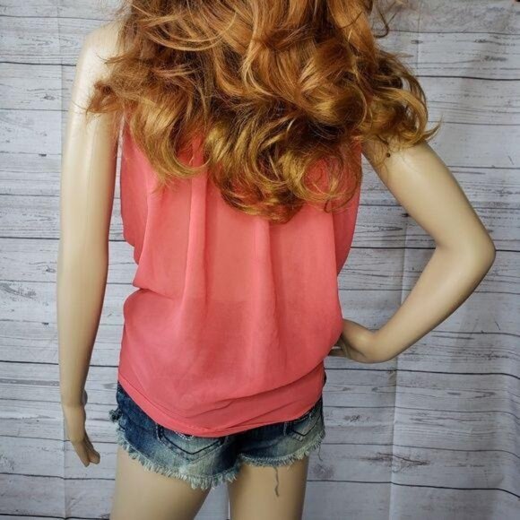 Cotton On Sleeveless Sheer Coral Blouse With Pockets tie up wear down pool sz S - Picture 3 of 10